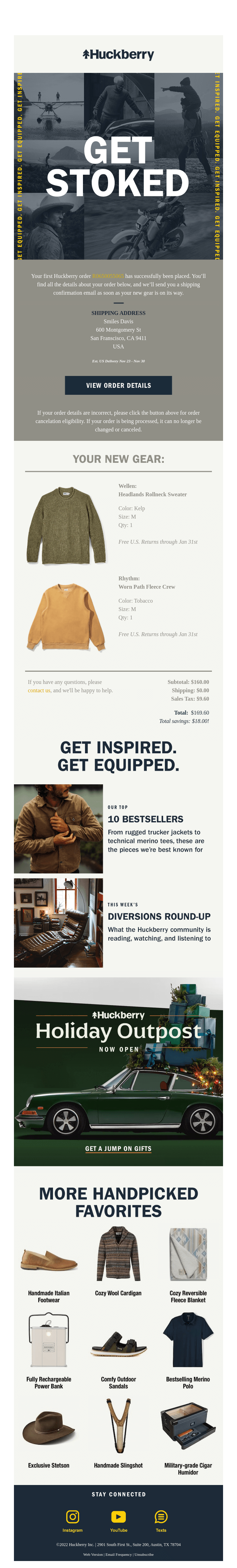 Huckberry heavily branded order confirmation email featuring strong visual branding, educational blog post links, and product guides for enhanced customer experience